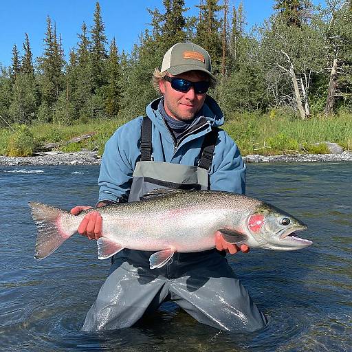 Photograph of a smiling man in a blue jacket, cap, and sunglasses, holding a large, shiny rainbow trout in a clear river with green trees