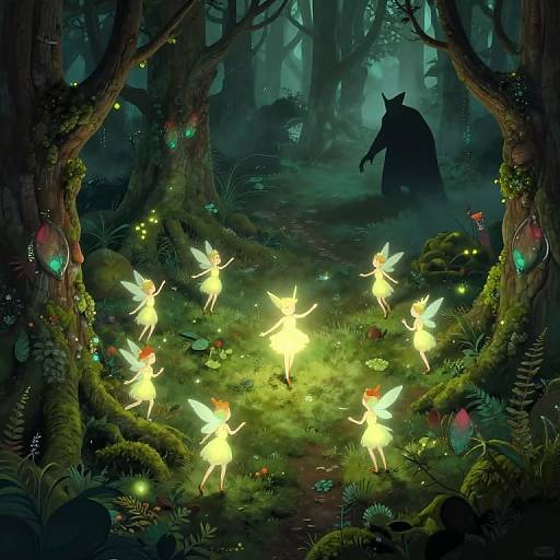 Digital fantasy artwork of glowing fairy lights in a dark, enchanted forest with six luminous fairies and a shadowy, cloaked figure in the background