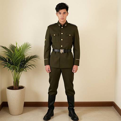 Photograph of a young man with short black hair, wearing a dark green military uniform with black belt and boots, standing in front of a cream-colored