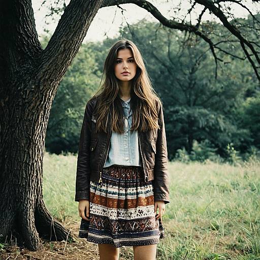 Young Woman in Bohemian Skirt Outdoors