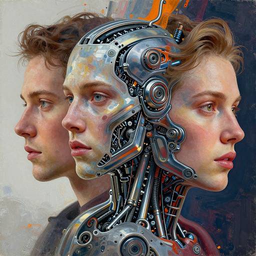 Digital painting of a human with a cybernetic head, featuring intricate silver machinery and orange accents, shown in profile against a colorful, abstract background.