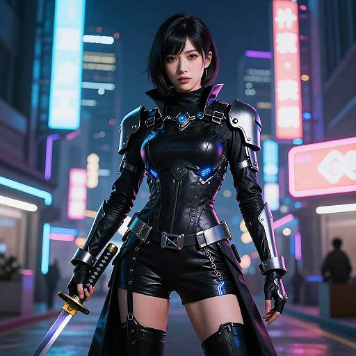 Cyberpunk night scene photograph of an Asian woman with short black hair, wearing black leather armor and thigh-high boots, holding a sword, surrounded by