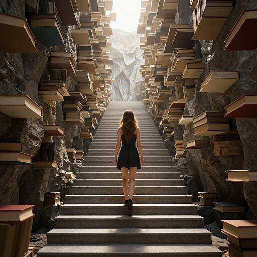 Photograph of a woman with long brown hair in a black dress, climbing stone steps flanked by floating books, leading to bright, misty light