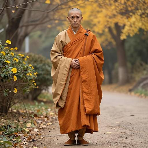 Bald Monk in Orange and Beige Robe in Autumn Forest