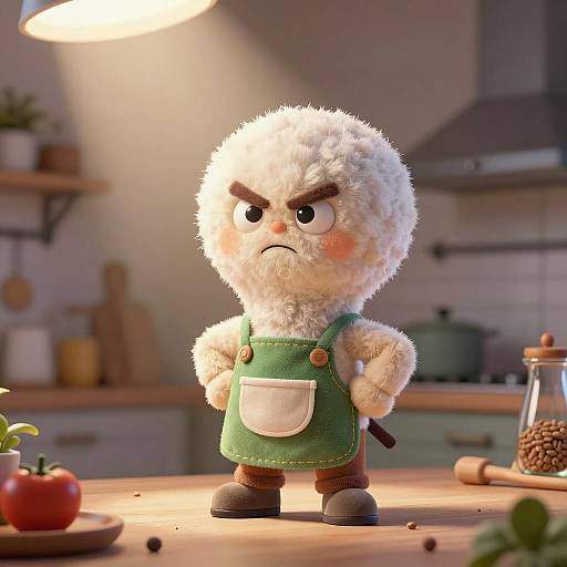 Determined Plush Inventor Character on Kitchen Countertop