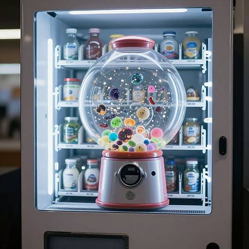 Photograph of a glowing, spherical snow globe with colorful polka dots, inside an illuminated cabinet of various jars and bottles.