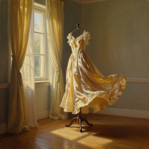 Sunlit vintage dress on a mannequin in a room with yellow curtains, wooden floor, and sunlight streaming through a window.