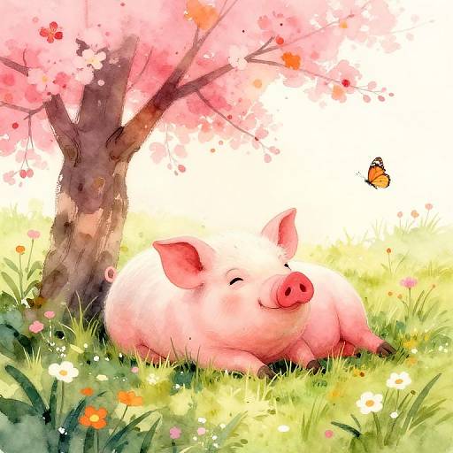 Whimsical watercolor of pink pig napping under cherry blossom tree, with a butterfly, in a vibrant, flower-filled grassy field.