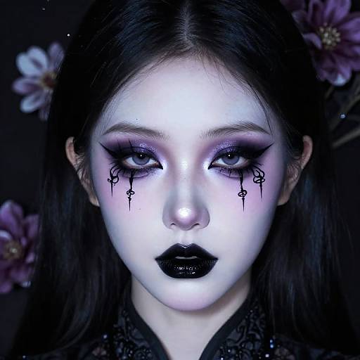 Digital portrait of a pale, gothic woman with black lipstick, white face paint, black eyeliner tears, and floral background. Dark, ethereal