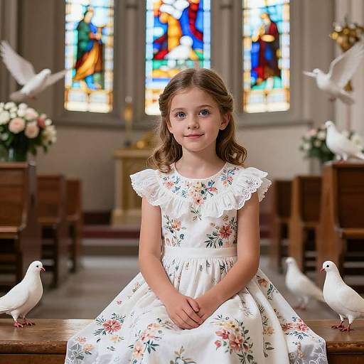 Young Girl in Floral First Communion Dress