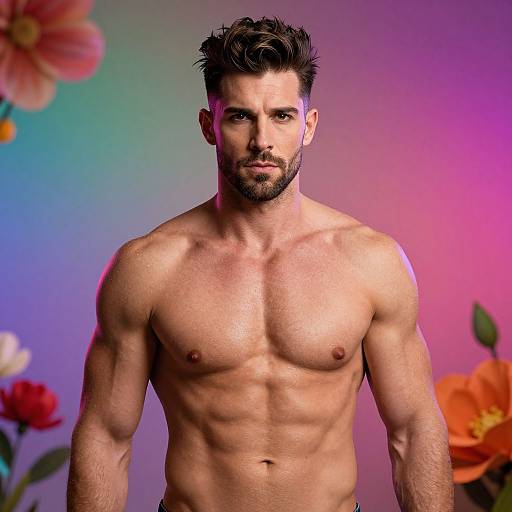 Photograph of a muscular, bearded man with dark hair, standing shirtless against a colorful gradient background with large, vibrant flowers.