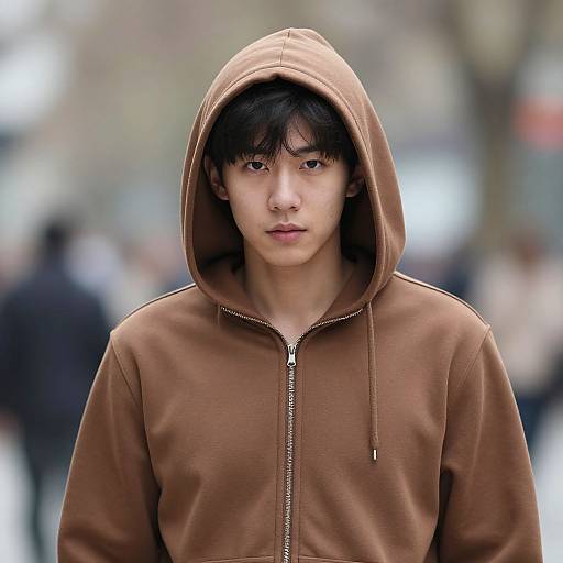 Photograph of an Asian teenage boy with straight black hair, wearing a brown hooded jacket with a front zipper, standing in a blurred urban background with