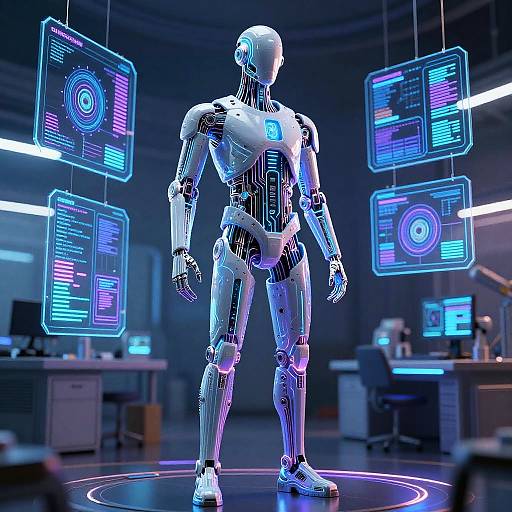 Photorealistic CGI of a silver humanoid robot standing in a futuristic lab, surrounded by glowing blue neon screens displaying data.