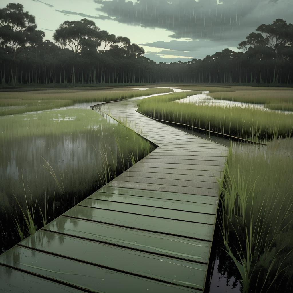 Peaceful Wetland Boardwalk in Dusky Light