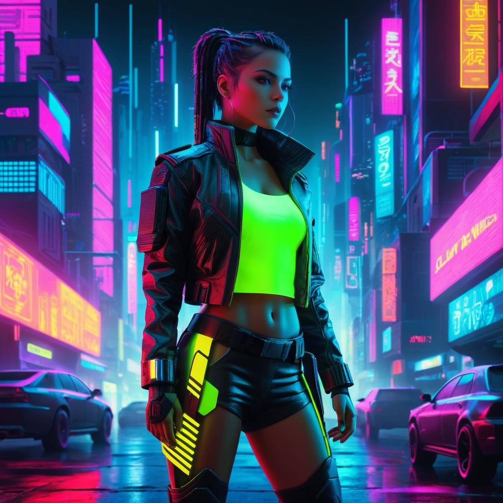 Neon Cyberpunk Warrior in Urban Landscape