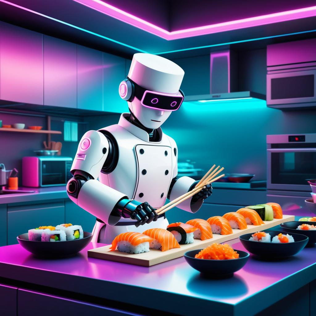 Cartoon Robot Chef Making Sushi Rolls