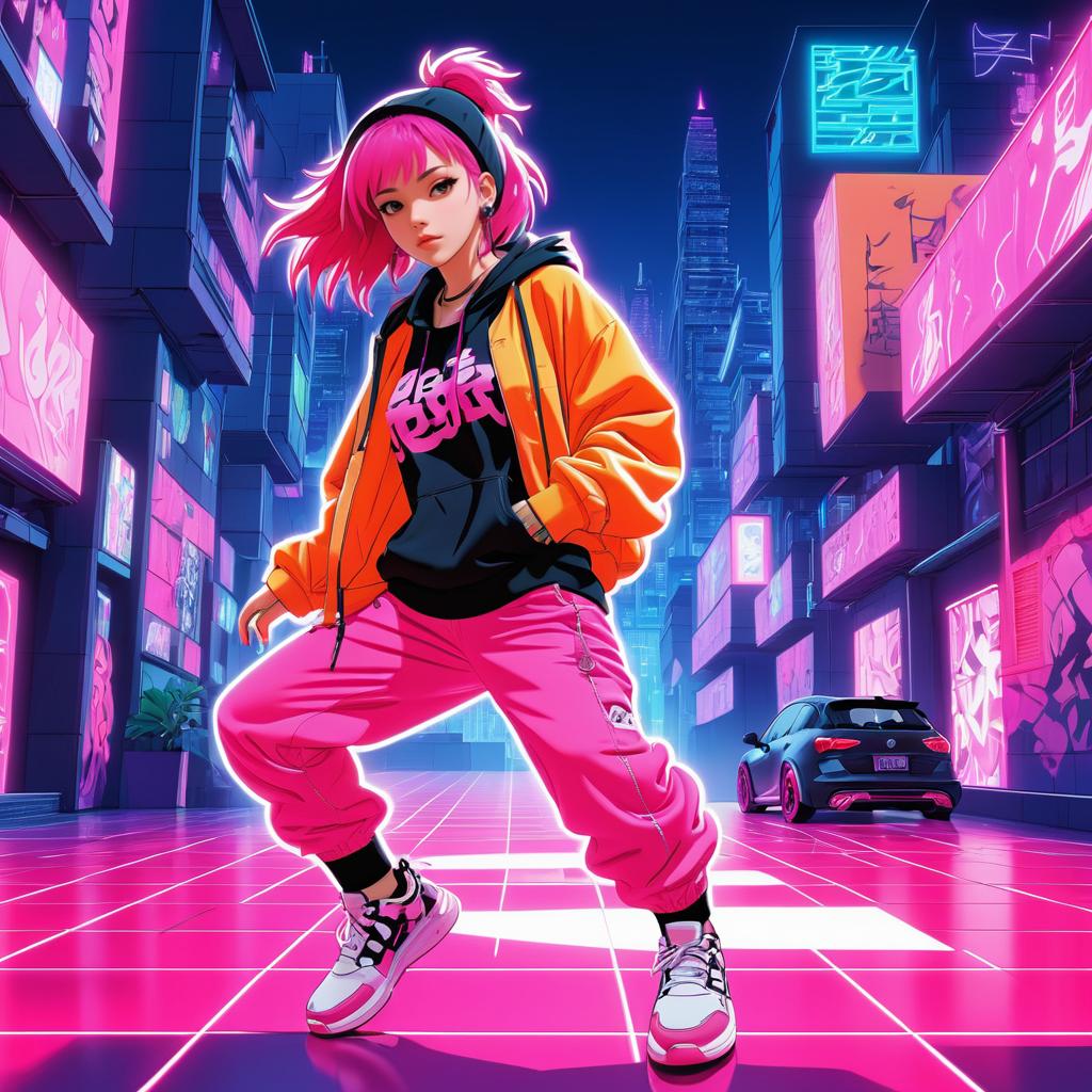 Vibrant Pink-Haired Hero in Neon City