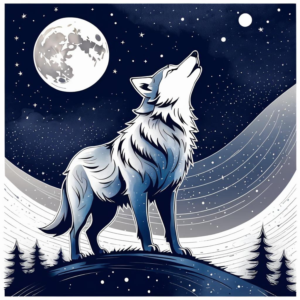 Whimsical Wolf Howling at the Moon