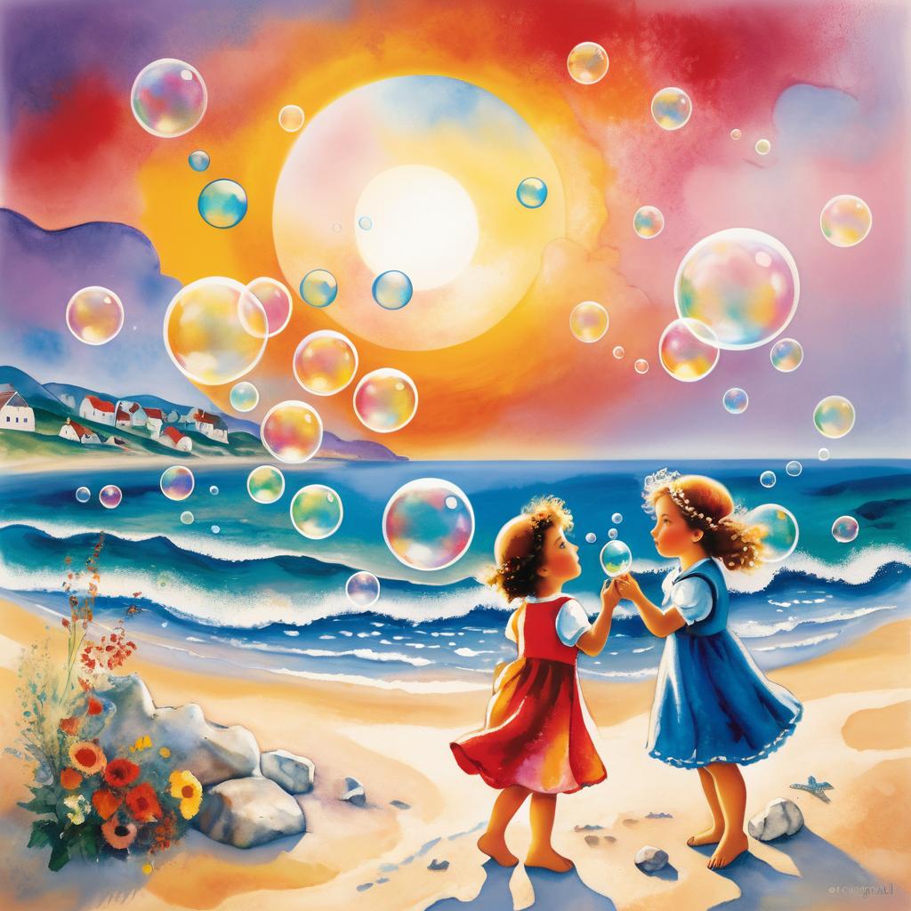 Dreamy Beach Sunset with Children and Bubbles