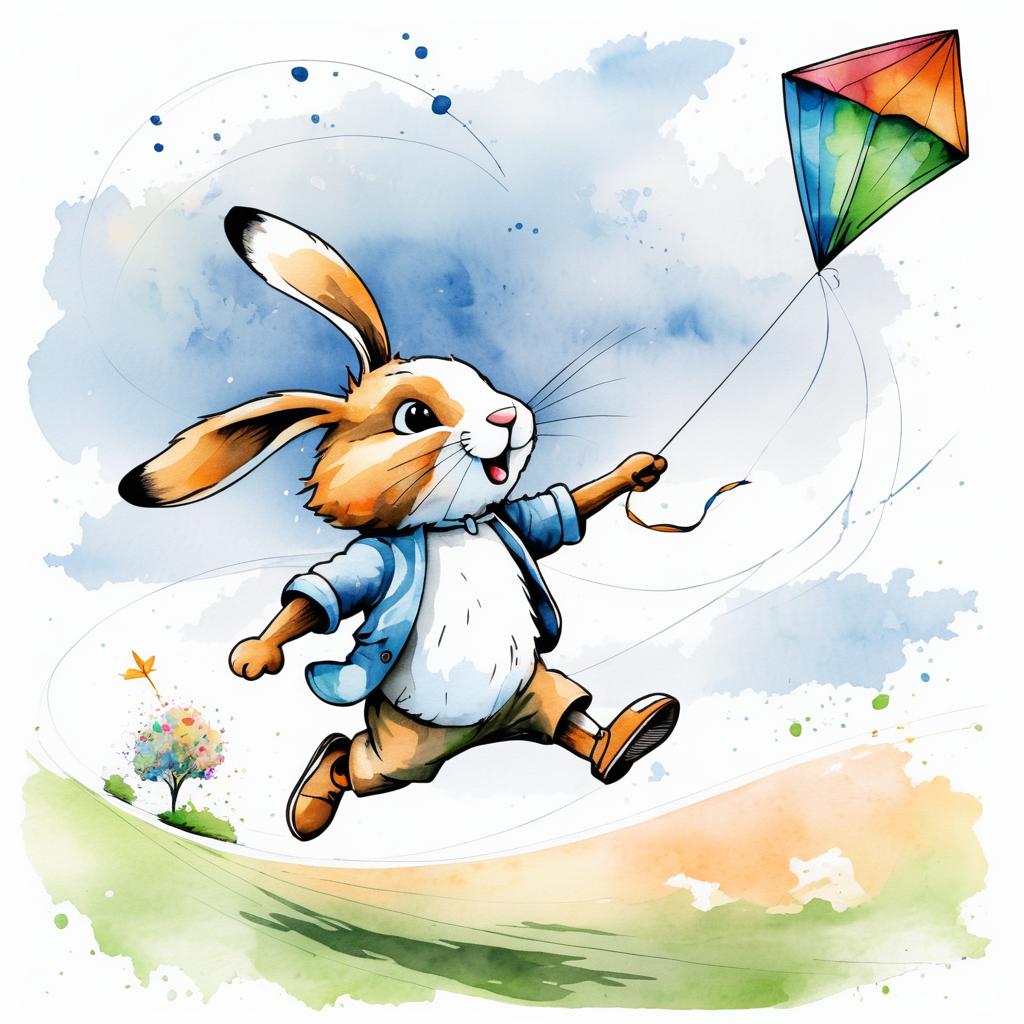 Whimsical Rabbit Kite Flying Illustration