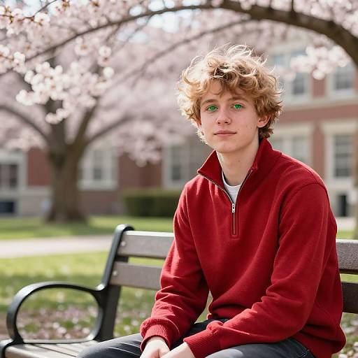 Photograph of a young man with curly brown hair, green eyes, wearing a red zip-up hoodie, sitting on a black bench in a sunny,