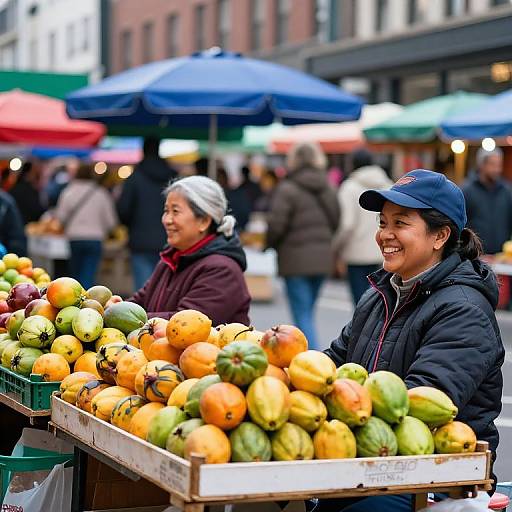 Photograph of a smiling Asian woman in a navy cap selling colorful mangoes and melons at an outdoor market with blue and green umbrellas in the