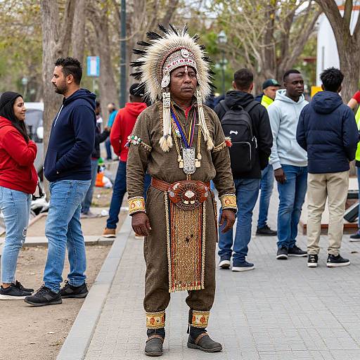 Man in Native Headdress on Sidewalk
