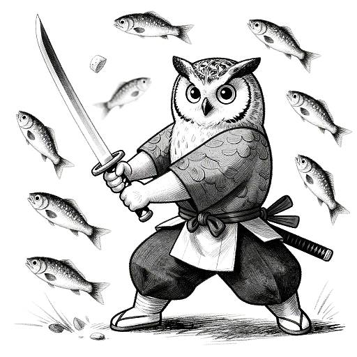 Cross-Hatched Samurai Owl Slicing Fish