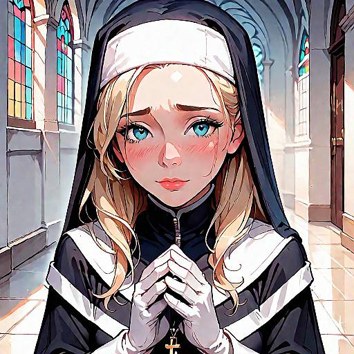 Sad Nun Praying in Church CG