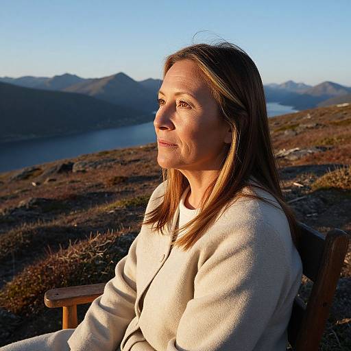 Photograph of a middle-aged woman with light brown hair, wearing a white sweater, sitting outdoors on a chair, gazing at a mountainous lake