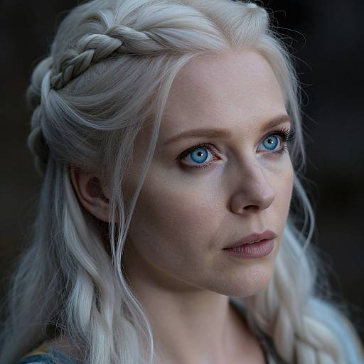Photorealistic close-up of a fair-skinned woman with striking blue eyes, long platinum blonde hair in a braid, and serious expression, set