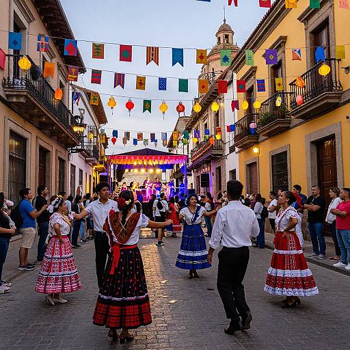 Photograph of a lively street festival with colorful flags, lanterns, and dancers in traditional Spanish attire, surrounded by onlookers in a narrow,