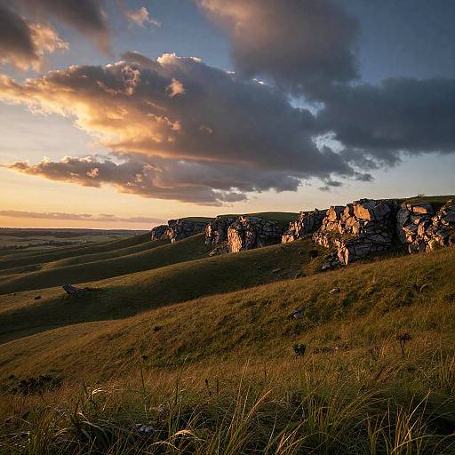 Rolling Countryside with Rocky Cliffs at Sunset