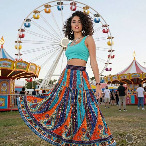 Photograph of a curly-haired woman in a turquoise crop top and colorful, patterned skirt, standing in front of a Ferris wheel at a carnival