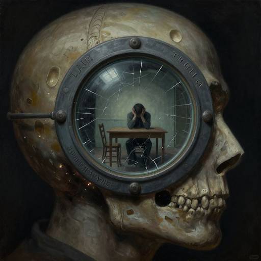 Digital painting of a cracked, metallic skull with a circular viewer, revealing a dimly lit, grimy room with a person sitting at a table,