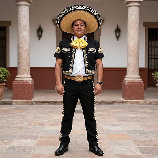 Photograph of a man in traditional Mexican charro suit, black with gold embroidery, wide-brimmed hat, yellow bowtie, standing on tiled