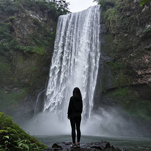 Photograph of a person with long hair standing in front of a large, cascading waterfall surrounded by lush greenery and mist.