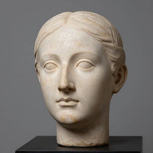 Ancient white marble bust of a serene-faced woman with smooth hair, empty eye sockets, and subtle smile, displayed on a black pedestal against a gray