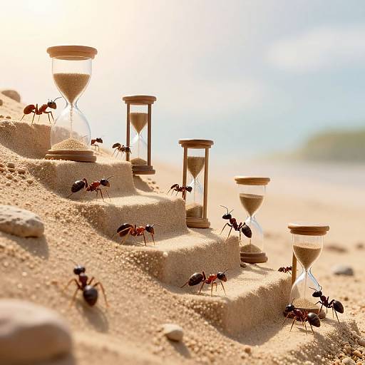 Photograph of sand dune with wooden hourglasses, ants climbing and moving sand, bright sunlight, and blurred blue sky background.