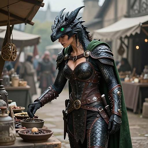 Digital fantasy artwork of a dragon-headed, armored woman with green eyes, black scales, and green cloak, shopping at a medieval market.
