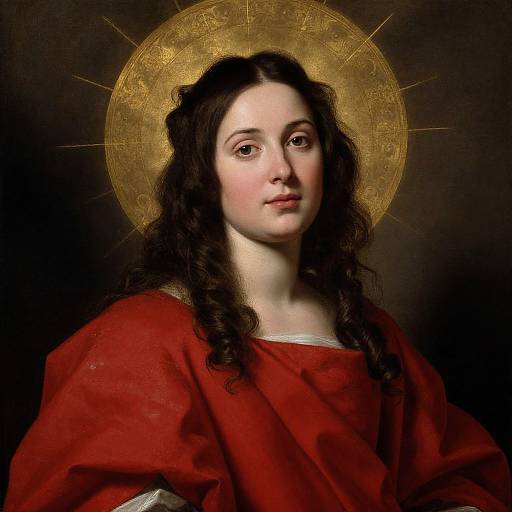 Baroque-style portrait of a pale-skinned, dark-haired woman with a golden halo, wearing a red robe, looking calmly at the viewer.