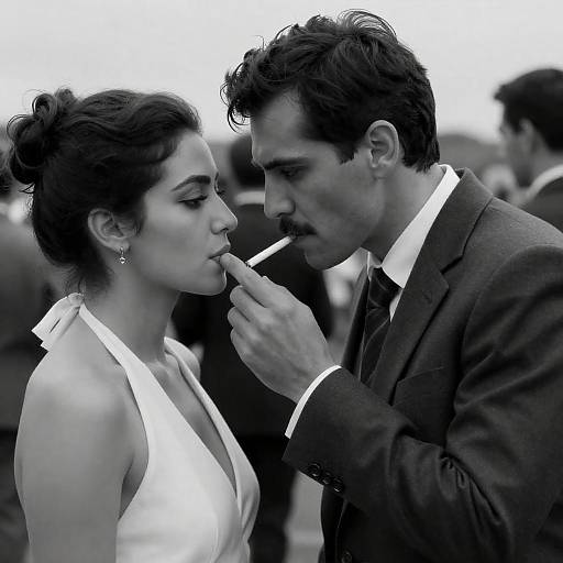 Man Lighting Woman's Cigarette in Black and White