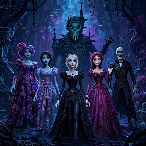Digital artwork of four gothic women in elaborate black and purple dresses, flanked by a skull-faced figure, in a dark, eerie, blue-l