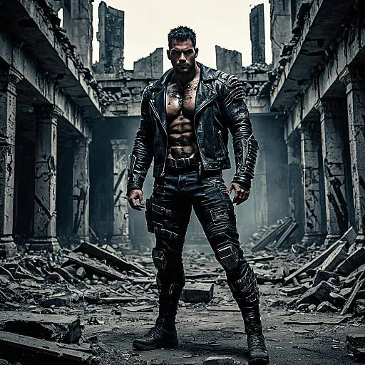 Muscular Man in Sci-Fi Leather Jacket Amid Ruins