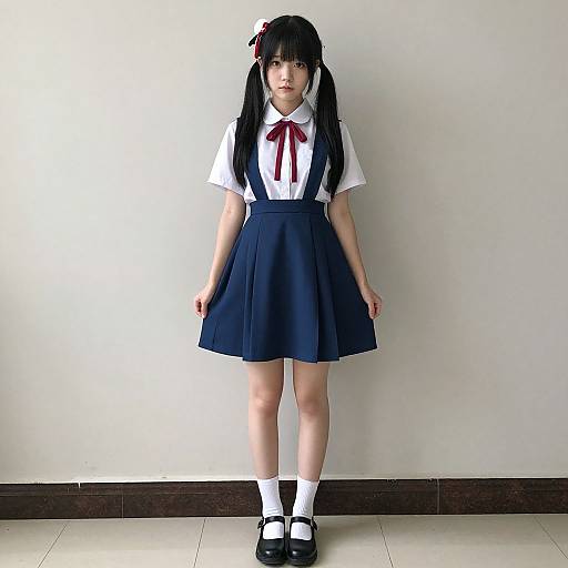 Photograph of an Asian girl with long black pigtails, wearing a white shirt, navy skirt, red ribbon, white socks, and black shoes
