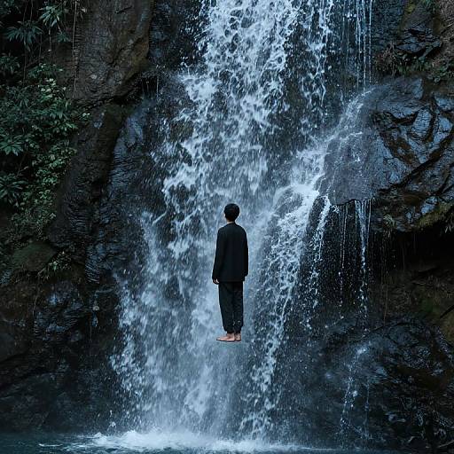 Photograph of a man in a black suit and barefoot standing under a powerful, cascading waterfall in a dark, rocky forest.