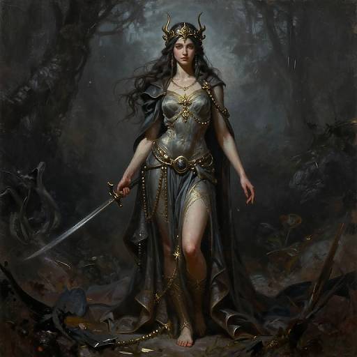 Digital painting of a dark-haired, fair-skinned, armored queen with gold crown and jewelry, holding a sword, standing in a dark, forested