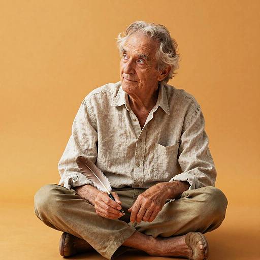Photograph of an elderly man with wavy gray hair, wearing a beige button-up shirt and olive pants, sitting cross-legged against a warm orange background