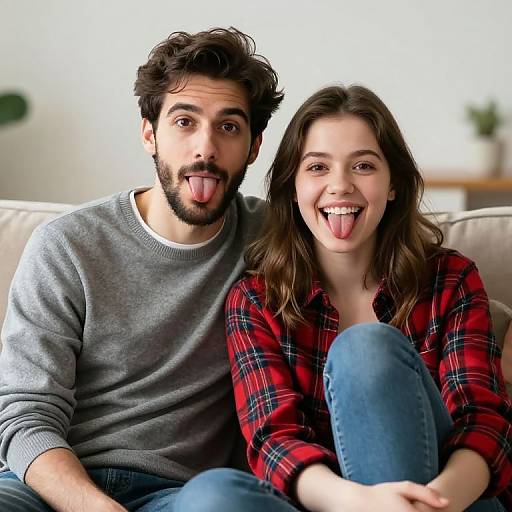 Photograph of a young couple sitting on a couch, both sticking out their tongues and smiling, wearing casual clothes; he in a gray sweater, she