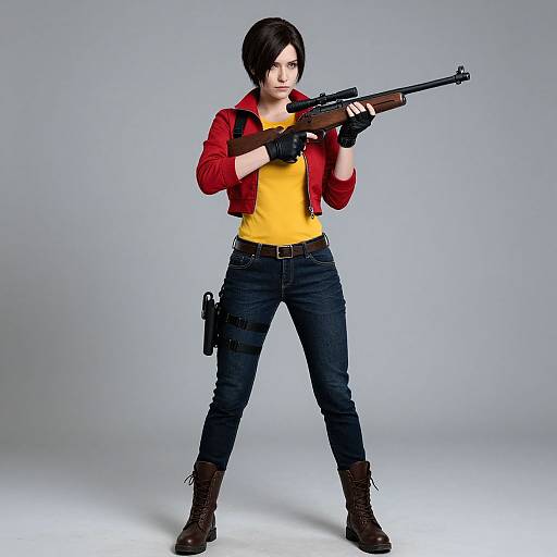 Digital artwork of a black-haired woman in a red jacket, yellow shirt, black jeans, and brown boots, holding a rifle, with a holster on